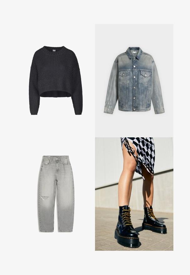 Veste en denim bleu délavé avec fermeture à boutons, deux poches poitrine à rabat avec boutons, poches latérales et manches longues.; Pull en maille noire coupé, présentant un tissu texturé, un col rond et des manches longues amples.; Jean gris clair taille haute avec fermeture par bouton et fermeture éclair, poches avant et déchirure usée sur la cuisse gauche.; Bottes plateformes en cuir noir avec des semelles épaisses, des lacets dorés et des coutures orange, assorties à une jupe à carreaux mettant en valeur une fente sur le côté.