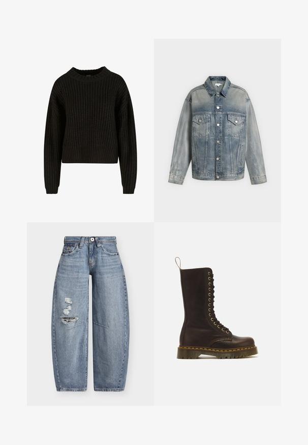 Bleg blå denimjakke med knaplukning, to brystlommer med klapper og knapper, sidelommer og lange ærmer.; Sort strikket trøje med ribbet tekstur, rund halsudskæring og lange ærmer. Afkortet design med en løs pasform. Ingen synlige mønstre eller metaldele.; Blå denim jeans med vide ben, høj talje og slidte revner på venstre lår, med forlommer og bæltestropper.; Høj mørkebrun læder snørestøvle med gule syninger, tyk rillede sål og trækstrop bagpå.