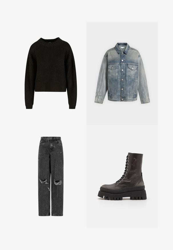 Bleg blå denimjakke med knaplukning, to brystlommer med klapper og knapper, sidelommer og lange ærmer.; Sort strikket trøje med ribbet tekstur, rund halsudskæring og lange ærmer. Afkortet design med en løs pasform. Ingen synlige mønstre eller metaldele.; Sorte højtaljede brede bukser af jeans med rifter på knæene og slidte detaljer på en hvid baggrund.; Sorte læder ankelstøvler med en kraftig platformsål, rund tå og metaløjer til snøringer. Den teksturerede overflade tilføjer visuel interesse.