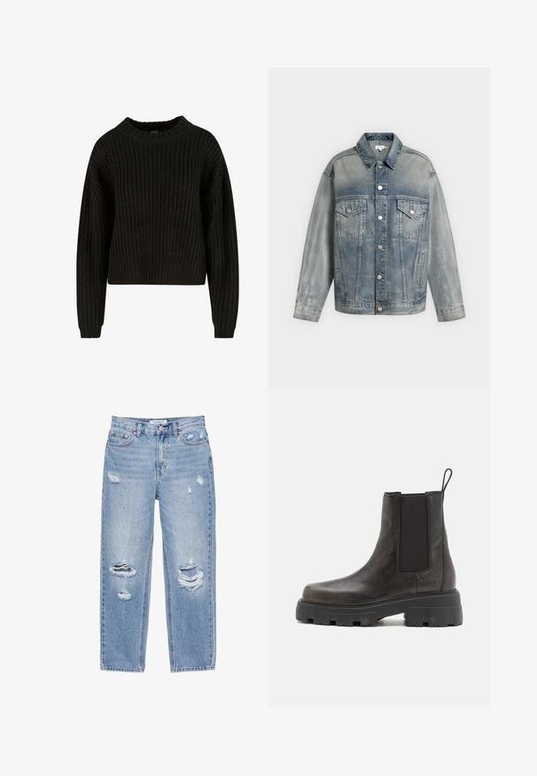 Veste en denim bleu délavé avec fermeture à boutons, deux poches poitrine à rabat avec boutons, poches latérales et manches longues.; Pull en tricot noir à texture côtelée, col rond et manches longues. Design court avec une coupe ample. Pas de motifs ni de matériel visible.; Jean droit bleu clair avec des trous usés sur les deux jambes, style cinq poches, et fermeture par bouton à la taille.; Copenhagen Studios CPH194 - Bottines à plateau - off black