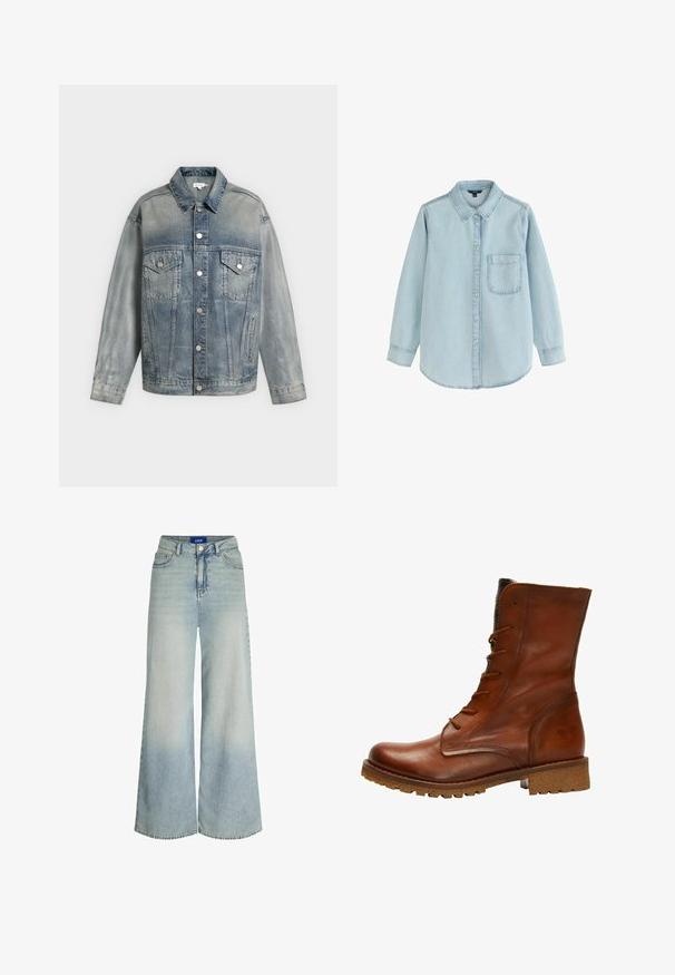 Bleg blå denimjakke med knaplukning, to brystlommer med klapper og knapper, sidelommer og lange ærmer.; Lyseblå denim skjorte med lange ærmer og knapper foran, med en enkelt brystlomme og krave med fold, lagt fladt på en hvid baggrund.; Vidde jeans lavet af lyseblåt denim, med høj talje, fem lomme-design og subtilt falmning i stoffets tekstur.; Brun læder ankelstøvle med glat overflade, rund tå, snørret foran og tekstureret kant. Har en robust sål for traction.
