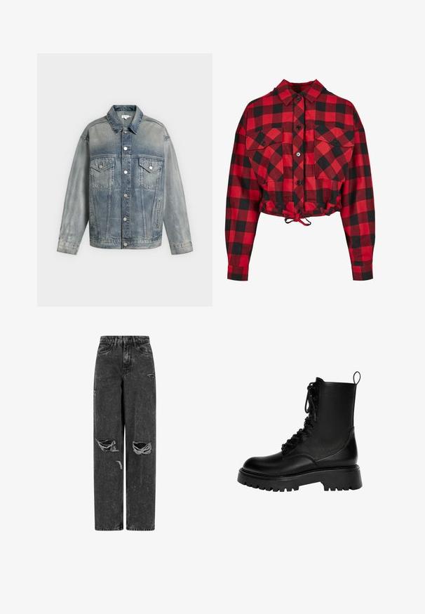 Veste en denim bleu délavé avec fermeture à boutons, deux poches poitrine à rabat avec boutons, poches latérales et manches longues.; Veste courte en tartan rouge et noir, dotée d'une fermeture à boutons, de deux poches poitrine et d'un cordon de serrage ajustable à l'ourlet. Manches longues.; Jean noir taille haute, large, avec des genoux déchirés et des détails usés sur fond blanc.; Botte de cheville noire à lacets en cuir synthétique, dotée d'une semelle épaisse, d'une languette et de détails de couture prononcés.