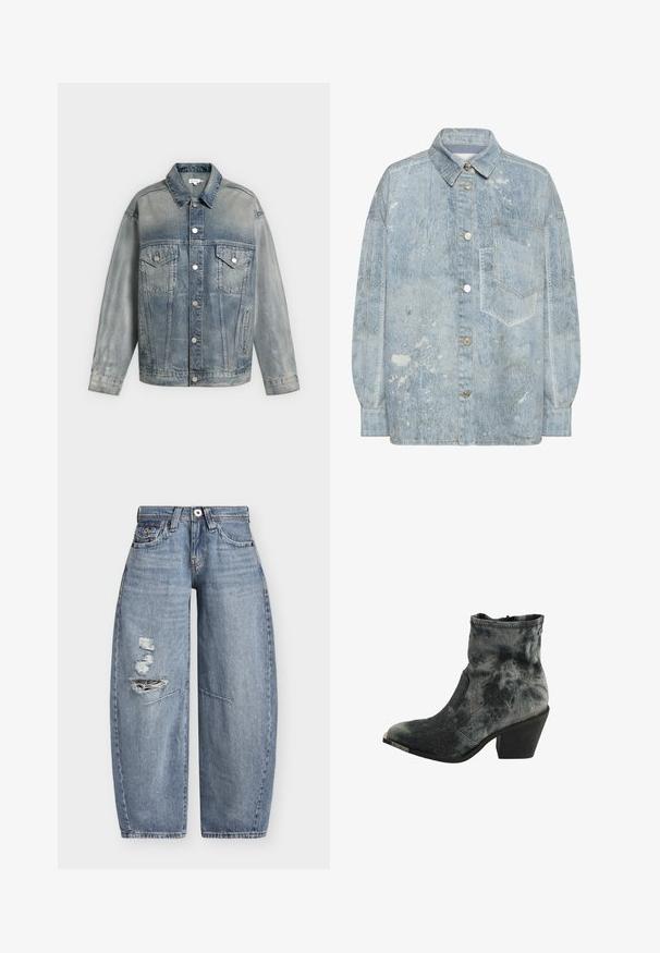 Φθαρμένο μπλε denim μπουφάν με κλείσιμο με κουμπιά, δύο πλαϊνές τσέπες στο στήθος με κουμπιά, πλαϊνές τσέπες και μακριά μανίκια.; Ελαφρώς γαλάζιο πουκάμισο-μπουφάν από τζην ύφασμα με μυτερό γιακά, εμπρόσθιο κούμπωμα με κουμπιά, μία τσέπη στο στήθος και ελαφρώς φαρδιά εφαρμογή.; Φαρδιά μπλε τζιν παντελόνια με ψηλή μέση και φθαρμένες τρύπες στον αριστερό μηρό, με μπροστινές τσέπες και θηλιές για ζώνη.; Μαύρο και γκρι υφασματοποιημένο μποτάκι αστραγάλου, με μυτερή μύτη, χαμηλό τακούνι και φερμουάρ στο πίσω μέρος.