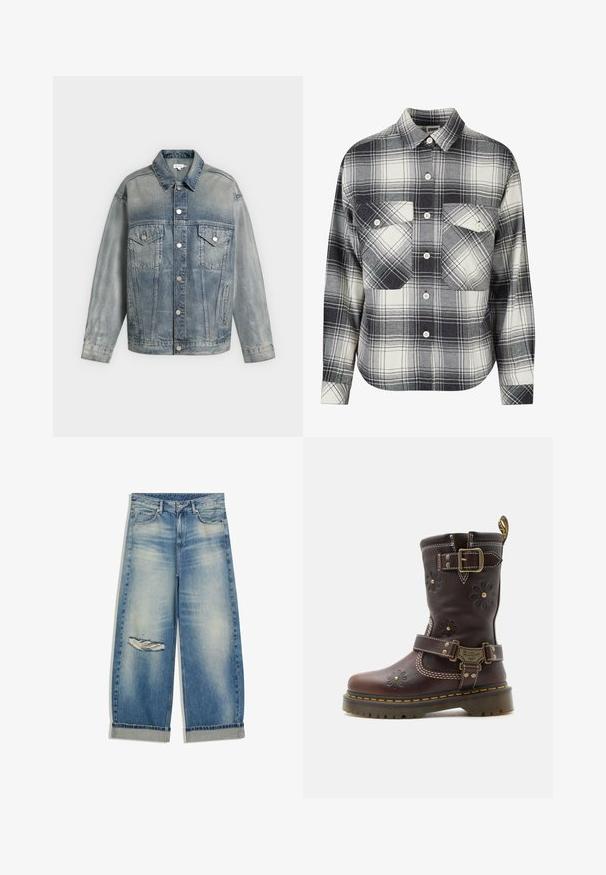 Faded blue denim jacket with button closure, two chest flap pockets with buttons, side pockets, and long sleeves.; Plaid flannel shirt in black, white, and gray. Features a button-front, two chest pockets, and long sleeves with buttoned cuffs.; Light blue wide-leg jeans with folded cuffs and a distressed tear on the left thigh, featuring front pockets and belt loops.; Brown leather mid-calf boot with embossed floral details, two adjustable brass buckles, yellow stitching, and rugged sole.