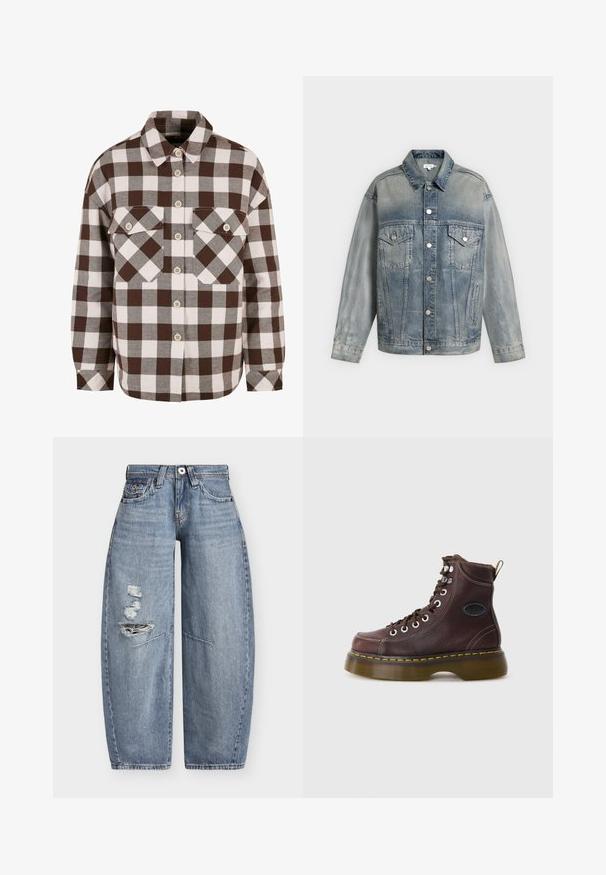 Bleg blå denimjakke med knaplukning, to brystlommer med klapper og knapper, sidelommer og lange ærmer.; Brun og hvid plaid knap-op skjorte med to brystlommer, der har en klassisk krave og knap-ned foran. Blød stofstruktur.; Blå denim jeans med vide ben, høj talje og slidte revner på venstre lår, med forlommer og bæltestropper.; Brun læder ankelstøvle med tekstureret overflade, sølv øjer og gul syning. Har en kraftig gennemsigtig sål og en trækstrop.