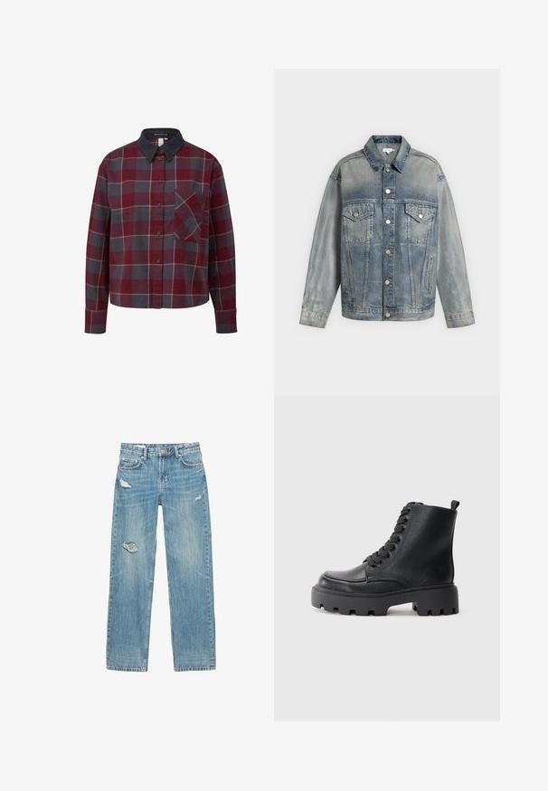 Veste en denim bleu délavé avec fermeture à boutons, deux poches poitrine à rabat avec boutons, poches latérales et manches longues.; Chemise à carreaux à boutons, avec des carrés rouges, gris et blancs. Fabriquée en coton, avec un col en velours côtelé et une poche poitrine. Manches longues.; Jean bleu clair, coupe droite en denim. Présente des déchirures effilochées sur le devant, une texture décolorée et cinq poches avec des accessoires en métal.; Botte de combat en cuir noir avec semelle épaisse à crans, bout rond, languette à l'arrière et système de laçage à l'avant sur un fond gris clair uni.