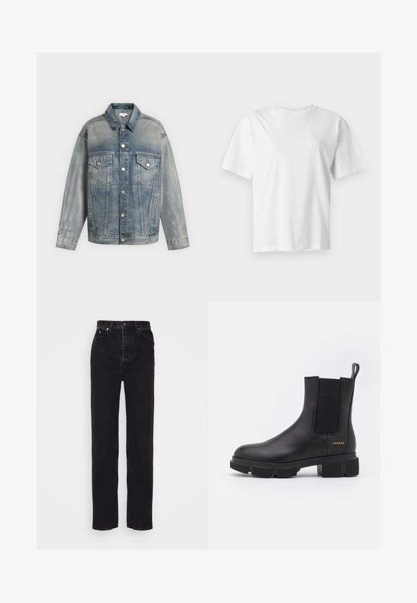 Bleg blå denimjakke med knaplukning, to brystlommer med klapper og knapper, sidelommer og lange ærmer.; Hvid kortærmet rundhalset t-shirt vist fladt på en lys grå baggrund.; Filippa K BAGGY TAPERED - Jeans Relaxed Fit - charcoal; Sorte læder ankelstøvle med elastiske sidepaneler og en kraftig mønstret sål. Har en pull tab og guld branddetalje. Mat finish.