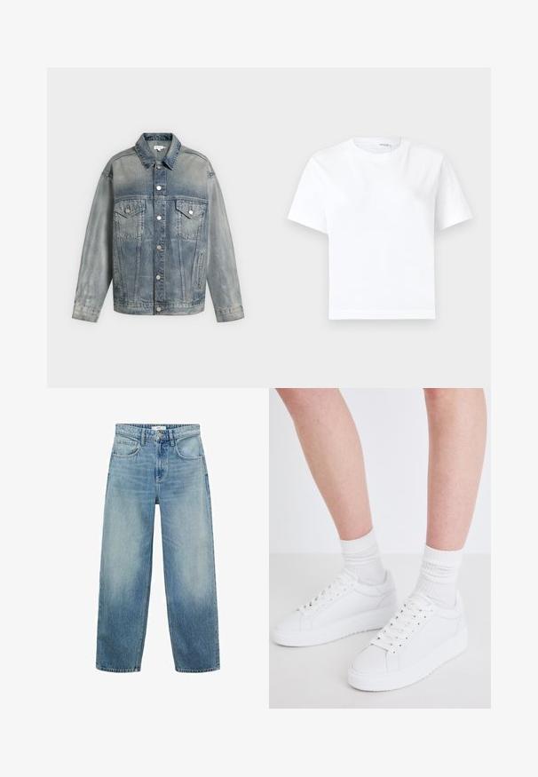 Verblasste blaue Denimjacke mit Knopfverschluss, zwei Brustklappentaschen mit Knöpfen, Seitentaschen und langen Ärmeln.; Einfaches weißes kurzärmeliges Baumwoll-T-Shirt mit rundem Ausschnitt und geradem Saum, dargestellt auf weißem Hintergrund.; Helle blaue Denim-Jeans im weiten Schnitt mit hoher Taille, fünf Taschen und einem Knopfverschluss. Ausgebleichtes Muster am unteren Ende.; Copenhagen Studios CPH72 - Sneaker low - white