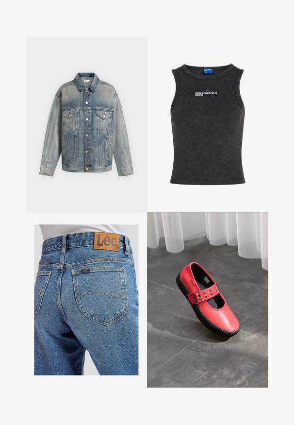 Vervaagde blauwe spijkerjas met knoopsluiting, twee borstzakken met kleppen en knopen, zijzakken en lange mouwen.; Zwart geribd mouwloos crop top met ronde hals en wit "KARL LAGERFELD JEANS" logo geborduurd op de borst.; Blauwe spijkerbroek met achterzakken met gele stiksels en een bruin leren Lee-merkpatch op de tailleband.; Rode Mary Jane-schoen met een dikke, grofgeribde zwarte zool en een gespstrap, rustend op een grijze tegelvloer dichtbij sheer witte gordijnen.