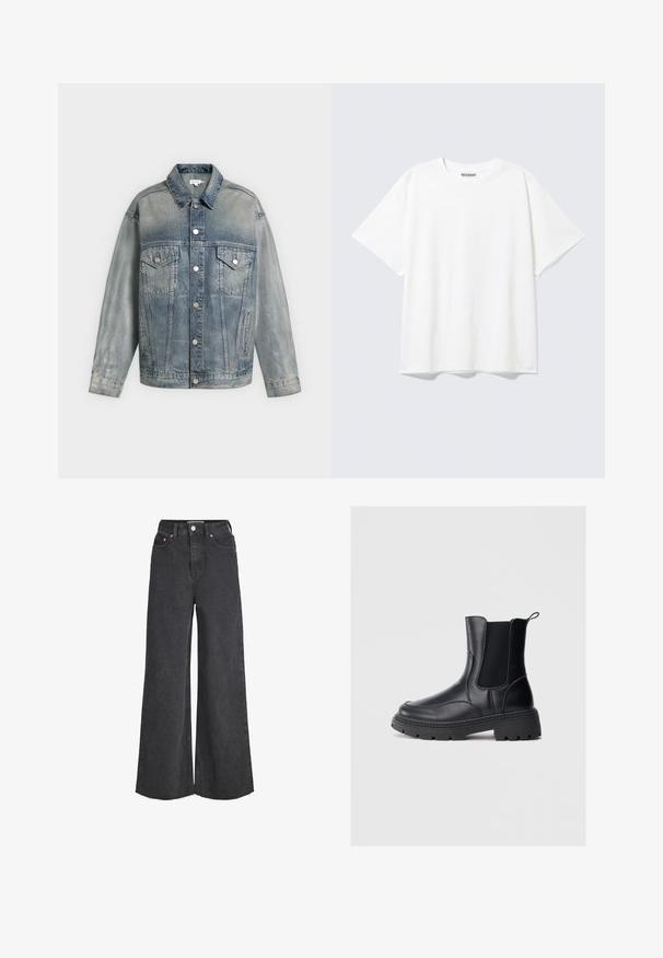 Chaqueta vaquera azul desgastada con cierre de botones, dos bolsillos en el pecho con solapa y botones, bolsillos laterales y mangas largas.; Camiseta blanca de manga corta con cuello redondo y un ajuste holgado, con una etiqueta "WEEKDAY" en la parte interior trasera del cuello.; Vaqueros negros de tiro alto y pierna ancha con cierre frontal de botón y cremallera, bolsillos delanteros y dobladillos deshilachados.; Botas chelsea negras de cuero liso, con paneles laterales elásticos, una suela gruesa y resistente, y una pestaña en la parte trasera para facilitar el calzado.
