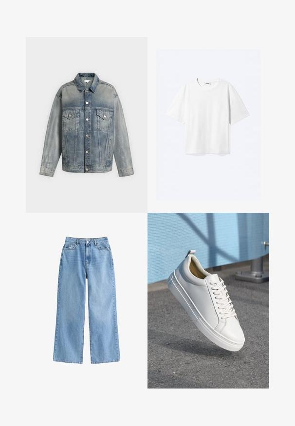 Chaqueta vaquera azul desgastada con cierre de botones, dos bolsillos en el pecho con solapa y botones, bolsillos laterales y mangas largas.; Camiseta blanca de manga corta con cuello redondo y dobladillo recto, con etiqueta de la marca "WEEKDAY" dentro del escote.; Vaqueros de pernera ancha en azul claro, hechos de denim y con una cintura alta, que presentan un cierre de botón en la parte delantera y dos bolsillos frontales. Estilo clásico.; Zapatilla de cuero blanca con cordones planos, punta redondeada, suela de goma y una pequeña lengüeta en el talón. Textura suave con detalles de diseño mínimos.