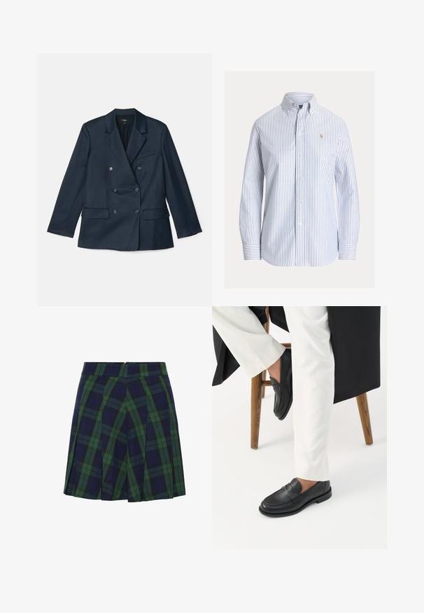 Blazer croisé bleu marine en tissu lisse. Il dispose de revers crantés, de quatre boutons et de deux poches à l'avant avec une poche poitrine.; Chemise blanche boutonnée avec des rayures verticales bleu clair, col boutonné et petit logo brodé sur la poitrine gauche.; Jupe plissée bleu marine et verte avec un motif tartan et une fermeture éclair au dos.; Personne portant des mocassins en cuir noir et un pantalon blanc assise sur un tabouret en bois devant un fond blanc.