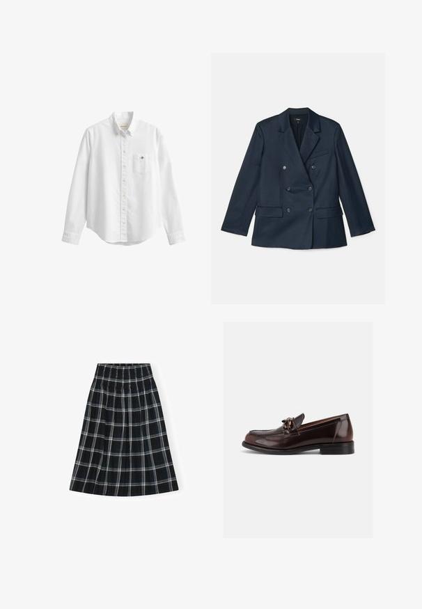 Blazer croisé bleu marine en tissu lisse. Il dispose de revers crantés, de quatre boutons et de deux poches à l'avant avec une poche poitrine.; Chemise blanche à manches longues boutonnée avec col et poche poitrine avec un petit logo brodé sur fond uni.; Jupe à carreaux noir et blanc avec un waistband smocké, longueur genou, présentant un design évasé et une texture de tissu douce.; Mocassin homme en cuir marron foncé avec petit talon et mors décoratif en métal sur la empeigne, présenté en profil latéral sur fond blanc.