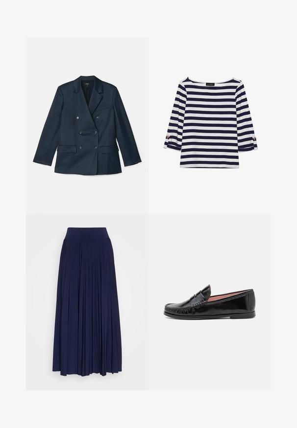 Blazer croisé bleu marine en tissu lisse. Il dispose de revers crantés, de quatre boutons et de deux poches à l'avant avec une poche poitrine.; Haut rayé bleu marine et blanc à manches longues avec un col bateau et des accents de boutons dorés sur les manches retroussées. Tissu doux, coupe décontractée.; Jupe plissée marine en tissu doux, dotée d'une large ceinture confortable et d'un design fluide avec des plis verticaux sur toute sa longueur.; Mocassins en cuir verni noir avec un bout arrondi, des coutures décoratives sur le dessus et une semelle en caoutchouc basse et plate.