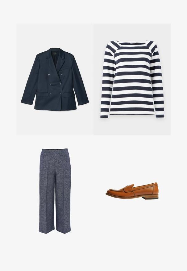 Marineblauwe dubbelgeknoopte blazer van gladde stof. Beschikt over notch-lapels, vier knopen en twee voorzakken met een enkele borstzak.; TOM TAILOR STRIPED CARRE NECK - Longsleeve - lunar eclipse/off white; Wijduitlopende broeken gemaakt van een gestructureerde marineblauwe stof, met een hoge tailleband en nette voorplooien voor een gestructureerd ontwerp.; Bruine leren loafer met een platte hak, ronde neus en een decoratieve band over de wreef. Gladde textuur met contrasterende stikdetails.