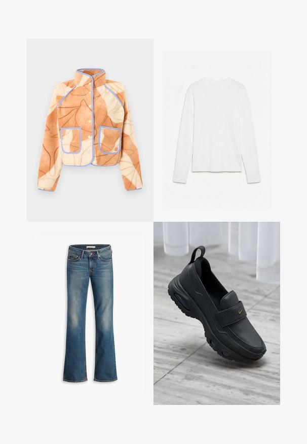 Fleecejakke med orange og creme abstrakt bladmønster, blå kant, trykknapper, høj krave og to forlommer.; Helt hvid langærmet t-shirt med rund hals lagt fladt på en hvid overflade, der viser fronten og hele ærmelængden.; Blå denim bootcut jeans med fem lommer og knaplukning, med slidte områder på lår og knæ.; Sort læder slip-on sko med flad sål, tekstureret finish, polstret overdel og guldfarvet logo-accent. Designet for komfort og nem påtagning.