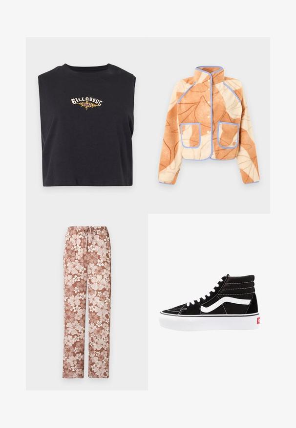 Veste en polaire avec motif abstrait de feuilles orange et crème, bordure bleue, boutons-pression, col montant et deux poches avant.; Haut noir court sans manches avec le texte "Billabong" et un motif de flamme jaune au centre de la poitrine.; Pantalon marron à cordon avec un grand motif floral blanc et marron clair, coupe droite, présenté sur un fond blanc.; Baskets montantes noires avec des lacets blancs, un logo blanc et des coutures blanches contrastées. Dotées d'une épaisse semelle blanche et d'un dessus en daim texturé.
