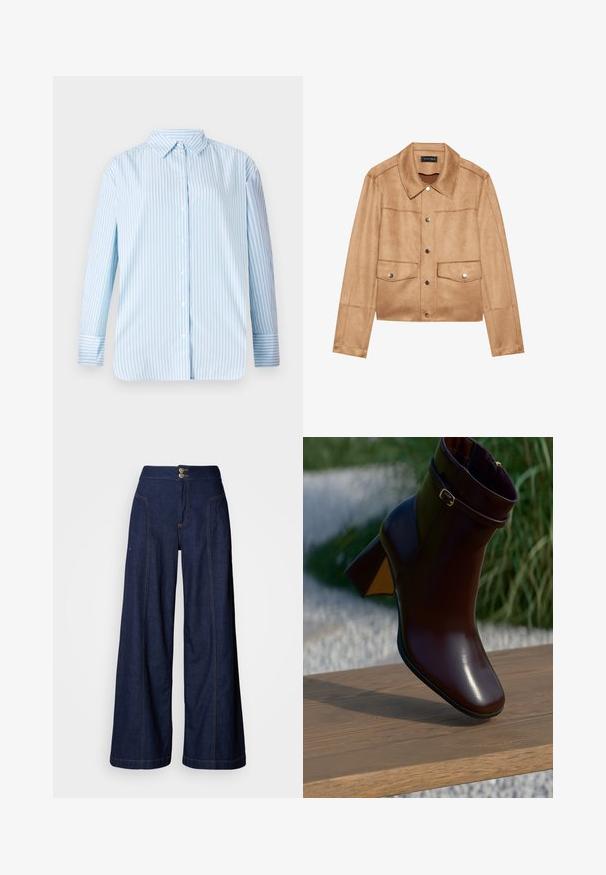 Tan cropped jakke lavet af blødt materiale, udstyret med en spids krave, sølvknapper, to frontlommer og sømløs konstruktion.; Blå og hvid stribet langærmet skjorte med knap-ned krave og lige skæring. Blødt stof med synlige knapper og mansjettdetaljer.; Jeans med vide ben i mørk denim med kontrastfuld orange syning, to forlommer og dobbelt knaplukning i taljen.; Mørkebrune læder ankelstøvler med blokhæl og spænde, placeret på en træoverflade med grønne planter og grus i baggrunden.