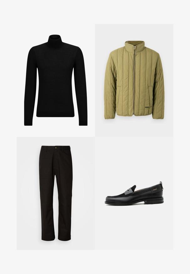 Veste matelassée vert olive avec col montant, fermeture éclair frontale et poche latérale ; présente des coutures horizontales et un logo de marque discret.; Pull à col roulé noir en matériau doux, avec des manches longues et une coupe ajustée. Finition côtelée au bas et aux poignets. Design simple.; Pantalon en coton noir avec une coupe droite, des passants de ceinture, une fermeture éclair à l'avant et un seul bouton. Texture lisse sans motifs visibles.; Mocassin en cuir noir avec détail de bride grise, talon bas et semelle texturée, marqué "HUGO" en or sur le côté.