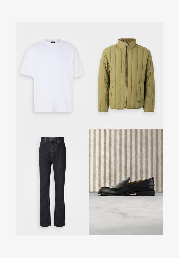 Olivovo zelená prešívaná bunda s vysokým golierom, predným zipsom a bočným vreckom; má horizontálne prešívanie a jemné logo značky.; Biely bavlnený tričko s okrúhlym výstrihom, krátkymi rukávmi a voľným strihom. Obsahuje textúrované ramenné švy pre dodatočný detail.; Vysoké čierne denims nohavice so zapínaním na gombík a zips, predné a zadné vrecká a rovný strih.; Pánska čierna kožená mokasína so vzorom krokodílej kože na priehlavku a nízkym podpätkom, zobrazená z profilu na neutrálnom pozadí.
