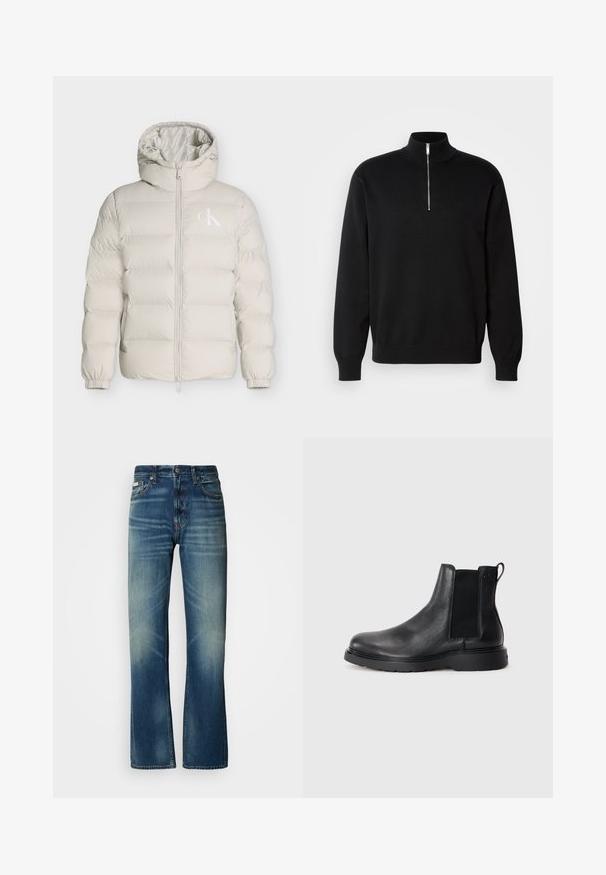 Lyse beige polstret jakke med hætte, frontlynlås, elastiske manchetter og lille hvid CK-logo på venstre brystside.; Sort zip-krave sweater lavet af glat stof med høj krave og lange ærmer, med et diskret logo på brystet.; Blå denim jeans med lige pasform, medium vask, blegede detaljer, fem lommer og knaplukning. Distinkt syning langs sømmen.; Sorte læder chelsea støvler med tekstureret finish, elastiske sidepaneler og en robust gummisål. Subtil branding på hælen.