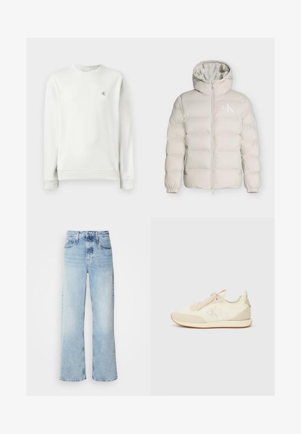 Veste matelassée beige clair avec capuche, fermeture éclair sur le devant, poignets élastiques et petit logo blanc CK sur le côté gauche de la poitrine.; Sweatshirt gris clair à col rond en tissu lisse, avec des poignets et un ourlet côtelés, arborant un petit logo brodé sur la poitrine.; Jean large bleu clair à taille haute, avec une finition délavée, des passants de ceinture et un design classique à cinq poches. L'ourlet est brut.; Baskets sportives en crème et beige, avec une tige en tissu lisse et des accents en daim. Détail de logo subtil et semelle en caoutchouc avec un bord contrasté.