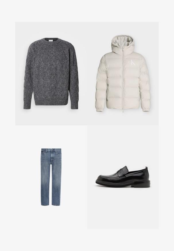 Veste matelassée beige clair avec capuche, fermeture éclair sur le devant, poignets élastiques et petit logo blanc CK sur le côté gauche de la poitrine.; Pull gris en maille avec un motif torsadé texturé, col rond et manches longues. Poignets et ourlet côtelés. Le matériau semble doux et chaud.; Jean en denim bleu à jambes droites, avec poches avant, passants de ceinture et fermeture par bouton.; Calvin Klein MOCCASIN - Mocassins de ville - black