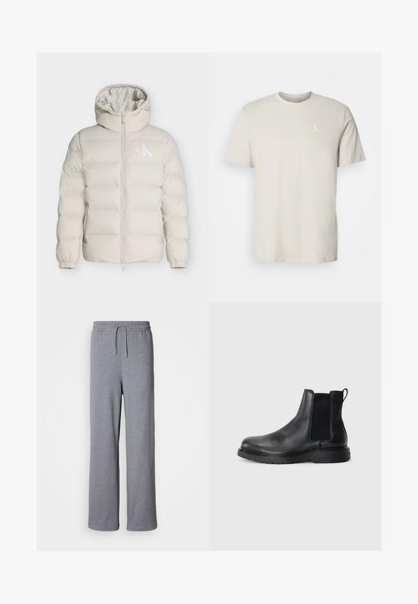 Lyse beige polstret jakke med hætte, frontlynlås, elastiske manchetter og lille hvid CK-logo på venstre brystside.; Beige kortærmet T-shirt i bomuld med rund hals og lille hvidt "cK"-logo på venstre bryst.; Grå, brede sweatpants lavet af blødt materiale; har en elastisk talje med snøre og ingen lommer. Enkelt, udekoreret design.; Sorte læder chelsea støvler med tekstureret finish, elastiske sidepaneler og en robust gummisål. Subtil branding på hælen.