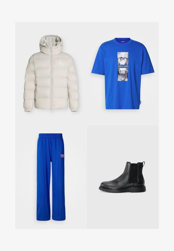 Lyse beige polstret jakke med hætte, frontlynlås, elastiske manchetter og lille hvid CK-logo på venstre brystside.; Blå bomulds T-shirt med et centralt grafisk tryk af anime-figurer i sort og hvid med "Jujutsu Kaisen" tekst nedenfor.; Lyseblå elastiske sweatpants med lige ben og et lille rødt og hvidt "VERY" logo på højre lår.; Sorte læder chelsea støvler med tekstureret finish, elastiske sidepaneler og en robust gummisål. Subtil branding på hælen.