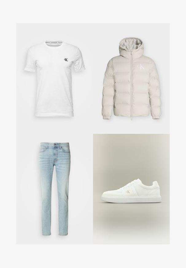 Lyse beige polstret jakke med hætte, frontlynlås, elastiske manchetter og lille hvid CK-logo på venstre brystside.; Hvid T-shirt med korte ærmer og rund hals med lille sort "CK"-logo på venstre bryst, mærke Calvin Klein Jeans, størrelse medium.; Lys blå jeans lavet af denim, med lige ben design, mellem høj talje og diskret slid. Indeholder fem lommer og metalknap.; Hvid lavtopsneaker med snørebånd, teksturerede stofsider og subtilt "ck"-logo på ydersiden, placeret på en enkel neutral baggrund.