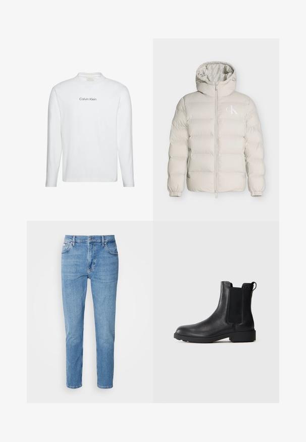 Chaqueta acolchada beige clara con capucha, cremallera frontal, puños elásticos y pequeño logo blanco de CK en el lado izquierdo del pecho.; Camiseta blanca de manga larga con cuello redondo con "Calvin Klein" impreso en negro centrado en el pecho.; Vaqueros de mezclilla azul claro con corte recto, diseño de cinco bolsillos y un sutil desgastado. Presentan un cierre de botón y pasadores para cinturón.; Botín negro de cuero hasta el tobillo con paneles laterales elásticos, tirador en el talón y suela baja de bloque sobre un fondo liso.