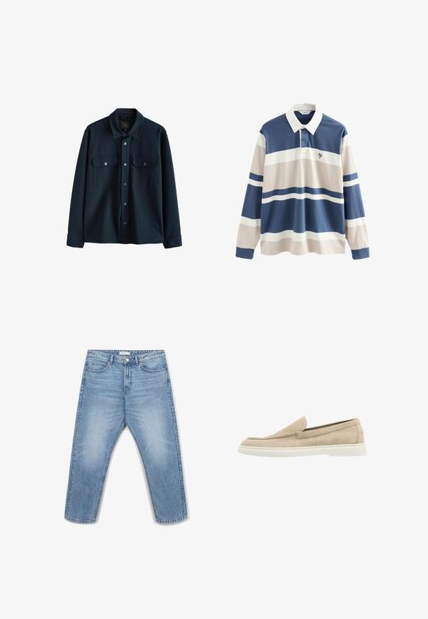 Marineblaue Hemdjacke aus weichem Stoff, mit zwei Brusttaschen, Knopfverschluss und klassischem Kragendesign.; Langärmliges Rugbyshirt mit weißem Kragen und horizontalen Streifen in Blau, Beige und Weiß, mit kleinem besticktem Logo auf der Brust.; Hellblaue Jeans aus Denim mit geradem Bein, fünf Taschen, Metallknopfverschluss und dezenten Ausbleichungen auf dem Stoff.; Beige Wildleder Slipper mit glatter Oberfläche, abgerundeter Spitze und weißer Gummisohle. Besitzt minimale Nähdetails und keine sichtbaren Beschläge.