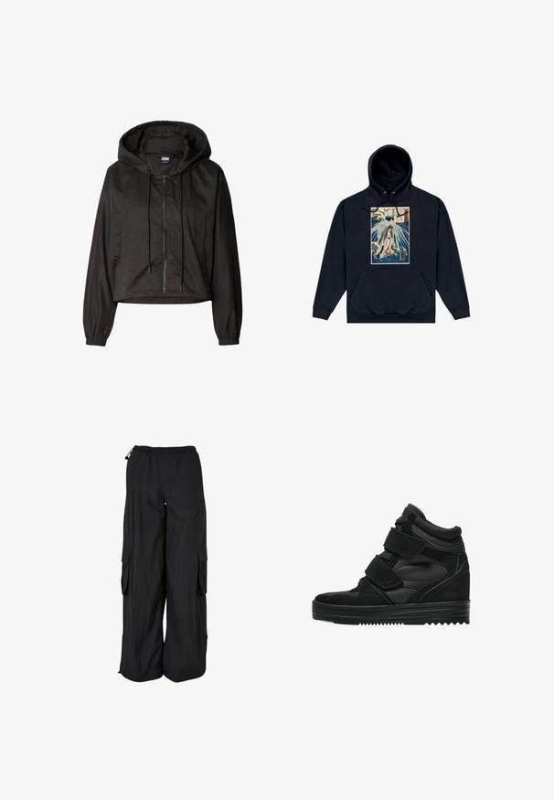 Veste légère noire à capuche avec fermeture éclair frontale, cordons de serrage, poignets élastiques et deux poches latérales, présentée sur fond blanc.; Hoodie noir avec un graphisme central représentant une illustration de style japonais d'une figure au milieu de vagues et de nuages. Cordons à la capuche.; Pantalon cargo noir à jambes larges avec ceinture élastique, poches latérales à rabat et cordons réglables à la taille et à l'ourlet.; Baskets montantes noires en suede et mesh, avec des bandes Velcro, une finition lisse et une semelle en caoutchouc texturée pour une meilleure adhérence.