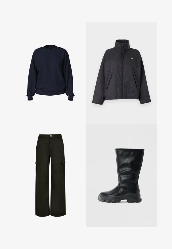 Doudoune noire zippée avec col montant, poches latérales et petit logo blanc sur le côté gauche de la poitrine sur un fond clair uni.; Sweatshirt bleu marine à col rond, manches longues, poignets côtelés et taille côtelée. Texture lisse sans motifs ni détails visibles.; Pantalons cargo à jambes larges en noir. Fabriqués en tissu doux avec des poches latérales, dotés d'une fermeture à bouton et de passants de ceinture. Design simple et fonctionnel.; Botte en cuir noir mi-mollet avec semelle épaisse à rainures et bout arrondi, présentée de côté sur un fond clair.