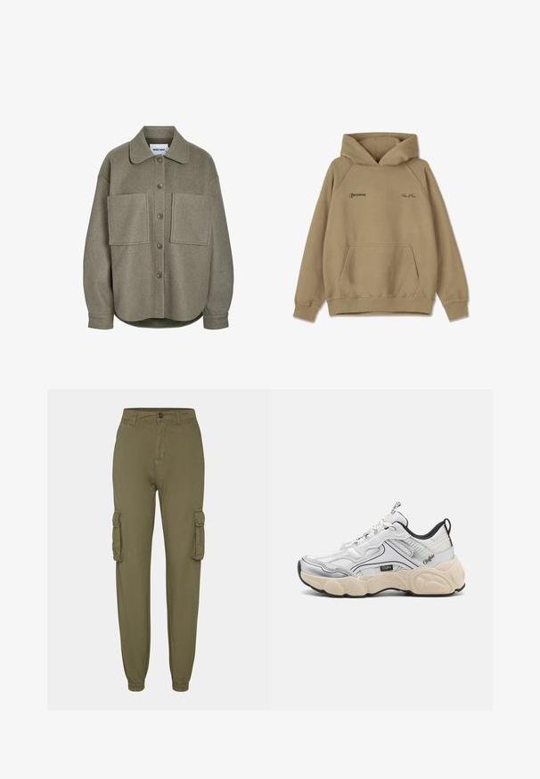 Veste-chemise boutonnée couleur vert olive avec grandes poches à l'avant, col classique, manches longues et ourlet arrondi.; Sweat-shirt à capuche beige en matière polaire, avec une poche frontale, des poignets côtelés et des logos brodés sur la poitrine.; Pantalons cargo vert olive en tissu doux, dotés de deux poches latérales, de poignets élastiques et d'une fermeture par bouton à l'avant.; Baskets blanches avec des panneaux en maille et en synthétique, accents argentés, semelle crémeuse épaisse et détails noirs contrastants. Possède un système de laçage.