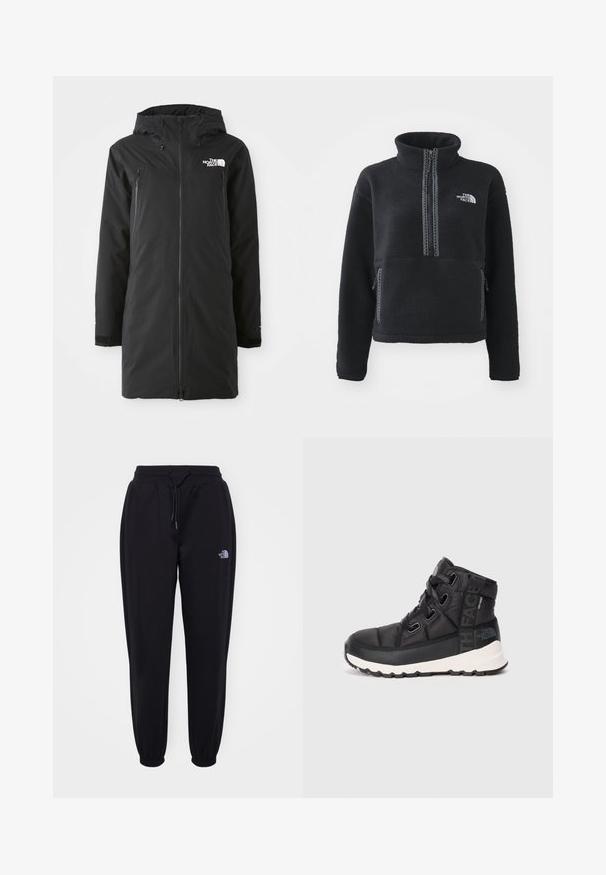Sort vandtæt parka med lynlås fortil, justerbar hætte og sidelommer. Har logo på brystet og justeringer ved ærmerne for bedre pasform.; Sort fleecepullover med høj krave, kvartlynlås, frontlomme og kontrastsyninger. Har The North Face-logo på brystet.; Sorte joggingbukser med elastisk talje og manchetter, snoretræk, sidelommer og lille hvid The North Face-logo på højre lår.; Sorte mellemhøje vandrestøvler med tekstureret overflade, justerbare snørebånd og hvid gummisål. Har branding på siden.