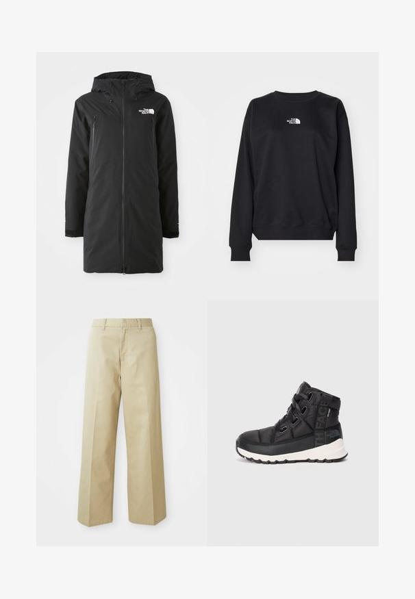 Sort vandtæt parka med lynlås fortil, justerbar hætte og sidelommer. Har logo på brystet og justeringer ved ærmerne for bedre pasform.; Sort sweatshirt fremstillet af bomuldsblanding, med rund halsudskæring, lange ærmer, ribbede manchetter og et lille hvidt logo på brystet.; Beige vide bukser lavet af bomuld med en glat tekstur. Har en lige pasform, bæltestropper og skrå lommer.; Sorte mellemhøje vandrestøvler med tekstureret overflade, justerbare snørebånd og hvid gummisål. Har branding på siden.