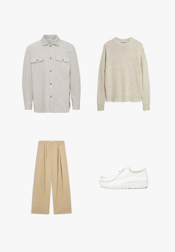 Beige kordfløjls skjorte med krave, knaplukning, to brystlommer og ribbede ærmekanter. Tekstureret stof med lodrette striber.; Lys beige strikket sweater med ribbestrikket halsudskæring og manchetter. Tekstureret stof og løs pasform, ingen synlige mønstre eller detaljer.; Beige bukser med vide ben, læg foran, bæltestropper og høj talje, vist fladt på en hvid baggrund.; Hvide lædersko med en afrundet tå, syninger og en let hvid sål. Har to hul til snørebånd.