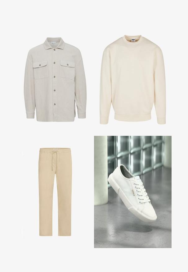 Chemise en velours côtelé beige avec un col, fermeture à bouton, deux poches poitrine et poignets côtelés. Tissu texturé avec des rayures verticales.; Sweatshirt couleur crème avec un col et des poignets côtelés. Présente une coupe décontractée, une texture douce et aucun motif ou graphique visible.; Pantalon en coton beige avec une taille élastique et un cordon de serrage ajustable. Coupe droite, texture lisse et aucun motif visible.; Baskets basses blanches Calvin Klein avec lacets, semelle en caoutchouc, et étiquette logo flottant au-dessus d'un sol gris poli près d'un mur en blocs de verre.