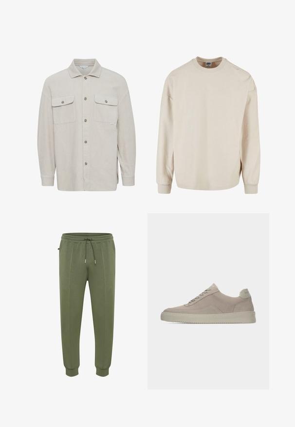 Beige corduroy shirt met een kraag, knoopsluiting, twee borstzakken en ribbels aan de mouw cuffs. Textiel met een gestructureerde stof en verticale strepen.; Beige geribbelde sweatshirt met lange mouwen en een ronde halslijn, met verlaagde schouders en geribbelde manchetten. Zachte textuur en een ontspannen pasvorm.; Joggingbroeken in olijfgroen gemaakt van zachte stof, voorzien van een taille met trekkoord, zijzakken en geribbelde boorden voor een goede pasvorm.; Beige suède sneakers met een gestructureerde afwerking, ronde neus en tonale veters. Voorzien van een dikke rubberen zool en subtiele branding op de hiel.