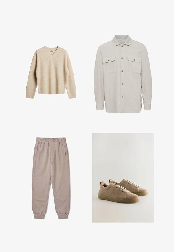 Camisa de algodón de pana beige con cuello, cierre de botones, dos bolsillos en el pecho y puños acanalados en las mangas. Tejido texturizado con rayas verticales.; Suéter de punto acanalado beige con escote en V y mangas largas. Presenta un ajuste relajado y una tela texturizada para mayor calidez y comodidad.; Pantalones jogger beige con cintura y puños elásticos, bolsillos laterales y pequeño logo "PECADOR" en el muslo derecho.; Zapatillas deportivas de ante beige con cordones planos, diseño de caña baja y suela de goma. Presentan una puntera sin costuras y detalles de costura.