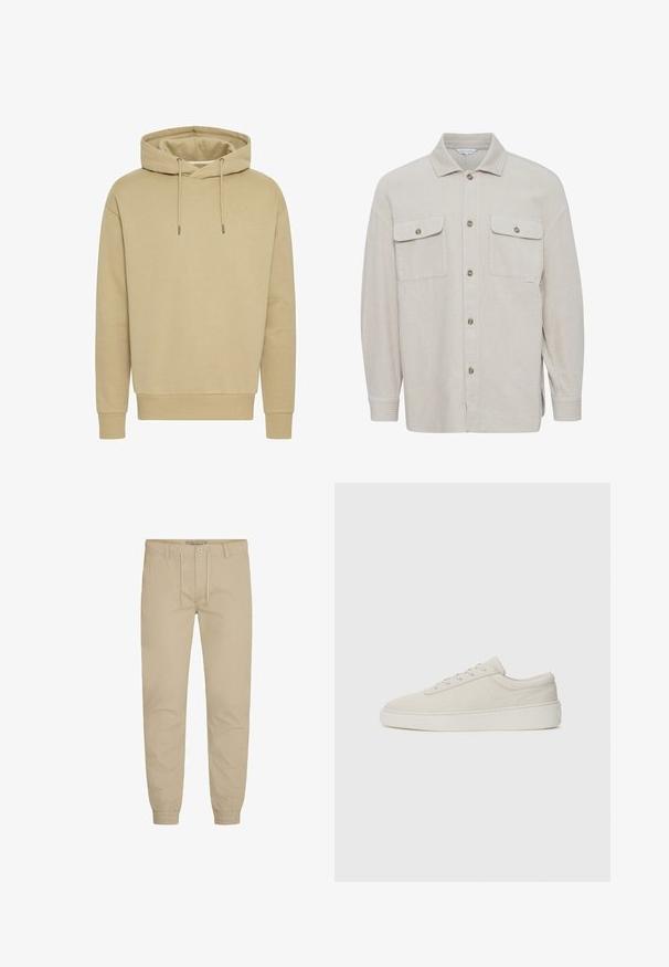 Beige kordfløjls skjorte med krave, knaplukning, to brystlommer og ribbede ærmekanter. Tekstureret stof med lodrette striber.; Khaki hættetrøje, blanding af bomuld, ribbede manchetter og kant, justerbare snore, glat tekstur, afslappet pasform, ingen synlige mønstre.; Beige, bomulds sweatpants med elastisk talje og snor, der har mansjetter ved anklerne og en glat tekstur.; Beige sneakers med en glat ruskindsfinish, rund tå og flad gummisole. Har snørebåndslukning og minimalistisk design med diskret syning.