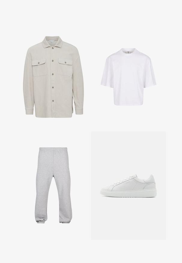 Chemise en velours côtelé beige avec un col, fermeture à bouton, deux poches poitrine et poignets côtelés. Tissu texturé avec des rayures verticales.; T-shirt blanc à manches courtes avec un col rond et une coupe décontractée, fabriqué à partir d'un tissu en coton mélangé doux. Aucun motif ni embellissement.; Pantalon de jogging en coton gris clair avec taille élastique et poignets aux chevilles, présenté à plat sur fond blanc.; Baskets blanches en cuir avec une texture lisse, bout rond, design bas et branding subtil sur le côté. Collier rembourré et lacets.
