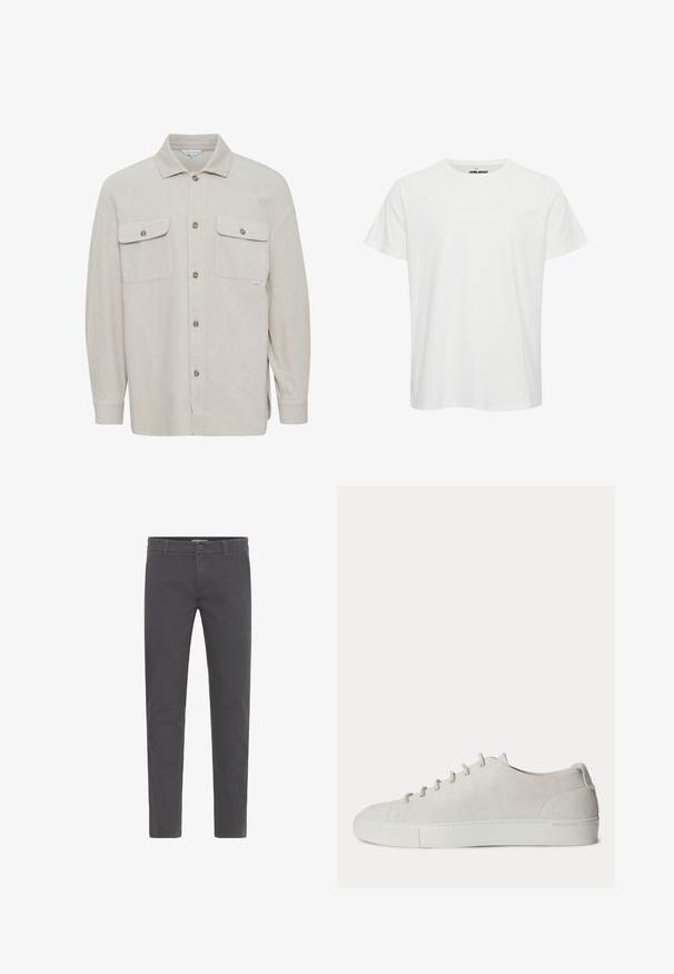 Chemise en velours côtelé beige avec un col, fermeture à bouton, deux poches poitrine et poignets côtelés. Tissu texturé avec des rayures verticales.; T-shirt en coton blanc avec manches courtes, col rond et un logo discret sur la poitrine. Texture lisse avec une coupe classique.; Pantalons gris, ajustés, fabriqués en coton doux. Dotés d'une fermeture à bouton, de passants de ceinture et d'un design épuré et contemporain. Sans motifs visibles.; Baskets basses blanches en suède avec lacets à l’avant et semelle en caoutchouc, design minimaliste.