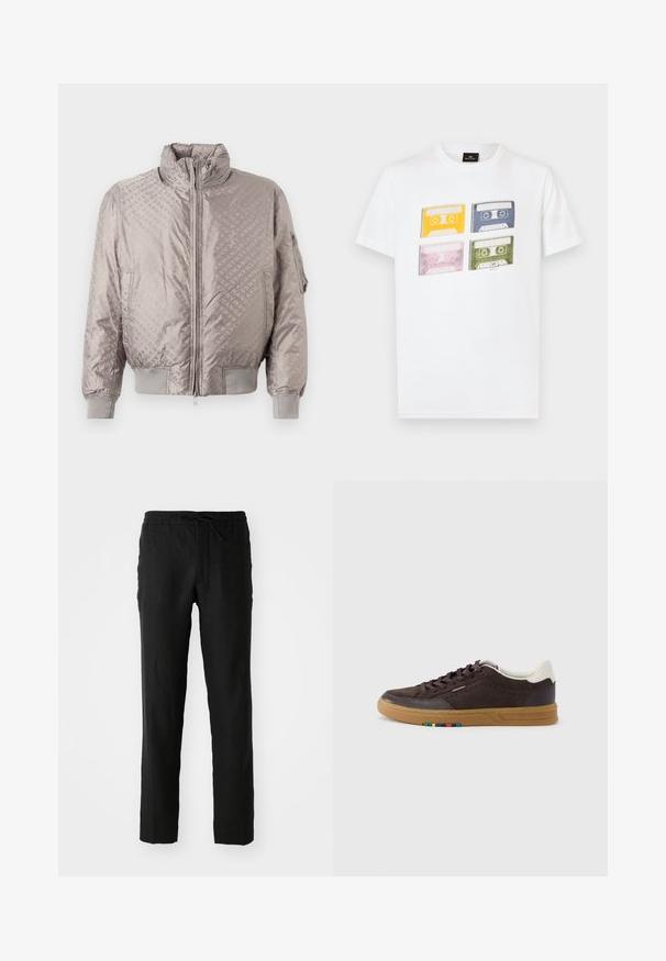 Polstret bomberjakke i lys grå nylon med tonale logo-mønstre, høj krave, lynlås foran samt ribbede manchetter og kant.; Hvid bomulds t-shirt med fire farvede kassettebånd (gul, blå, pink, grøn) med distinkte retrodesigns og etiketter trykt foran.; Sorte linnedbukser med elastisk talje og snor. Lige ben-design og glat tekstur. Velegnet til afslappet brug.; Mørkebrun ruskindssneaker med rågummisål, hvid hælflig, snørelukning og lille multicolor detalje på siden af sålen.