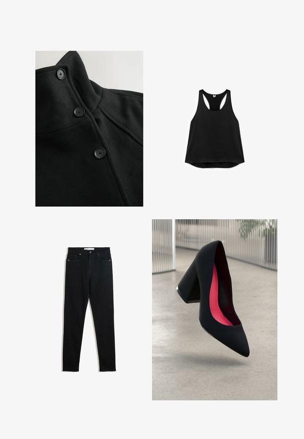 Veste noire avec un col montant, deux boutons noirs et un tissu texturé présentant des détails de couture visibles.; Débardeur noir à coupe décontractée, avec un col rond et un dos nageur. Confectionné en tissu lisse avec une texture légèrement brillante.; Jean en denim noir avec une coupe slim, un design à cinq poches, des éléments en métal et une fermeture éclair. Texture lisse avec une légère élasticité.; Chaussure à talon haut noire avec un bout pointu et une tige texturée. Intérieur avec une doublure rose vif. Talon carré avec un accent métallique à la base.