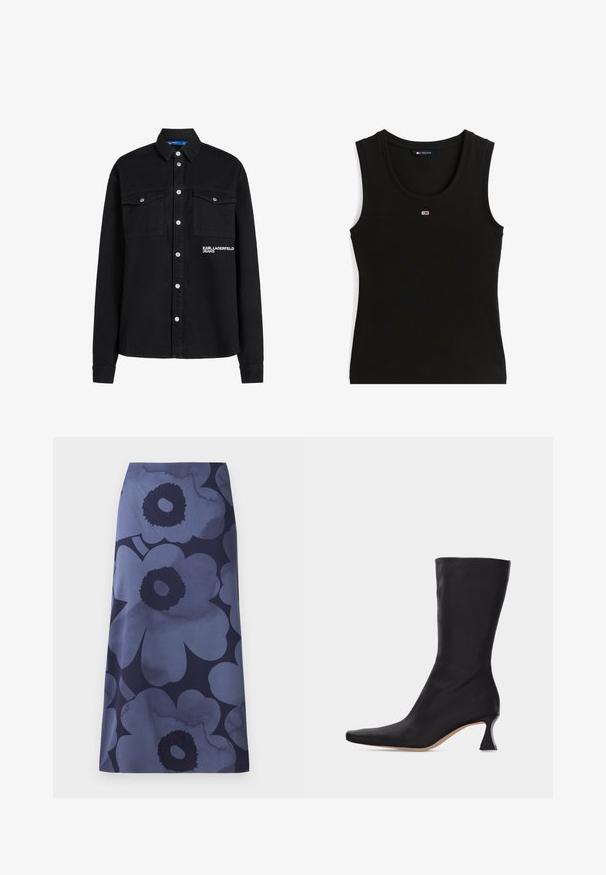 Must mustreshirt kahe rinnataskuga, hõbedaste nööbivedrudega ja vasakul pool brodüüritud "KARL LAGERFELD JEANS" logoga.; Mustast ribaga varrukateta topp, millel on keskel rinnal väike punane, valge ja sinine ristkülikukujuline logo ning krae sildil kiri Tommy Jeans.; Lillelillelise seeliku, millel on suured tumesinised lillede motiivid heledamal sinisel taustal; kangas näeb välja sile ja veidi läikiv.; Mustad nahast keskvarba saabas terava varba ja kõvera madala kontsaga, taustal hele ühevärviline pind.