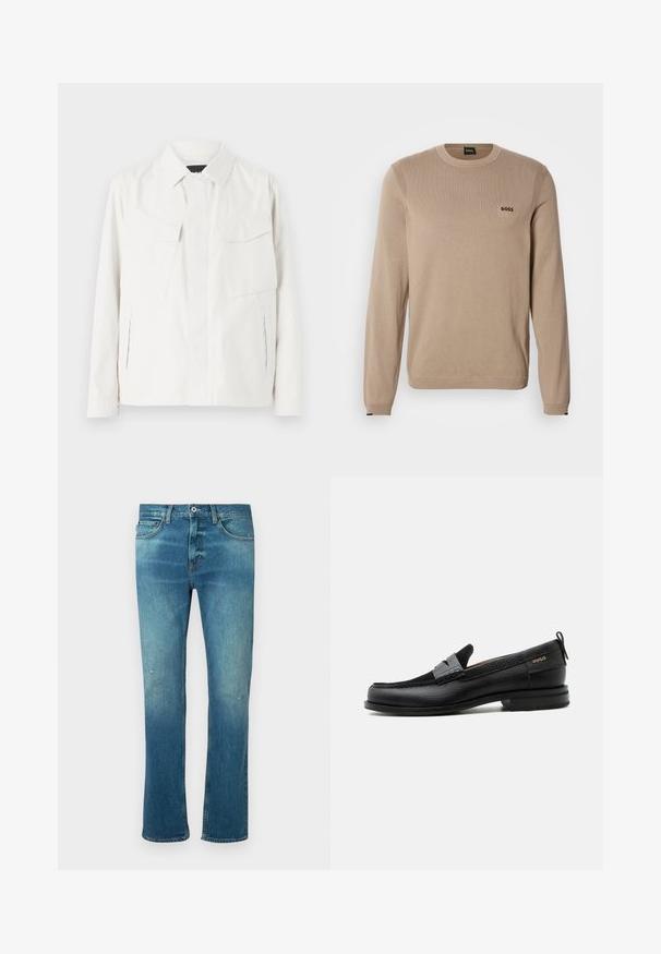 Veste légère blanche en tissu doux avec un col, deux poches plaquées à l'avant, fentes latérales et fermetures à boutons.; Pull en maille beige à manches longues, col rond, détails côtelés et petit logo noir « BOSS » sur la poitrine. Texture douce, coupe classique.; Jean en denim bleu avec une coupe droite, présentant une finition délavée, des distresses légères au niveau des genoux et un design classique à cinq poches.; Mocassin en cuir noir avec détail de bride grise, talon bas et semelle texturée, marqué "HUGO" en or sur le côté.