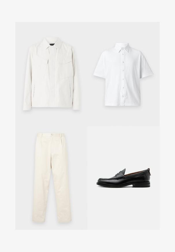 Veste légère blanche en tissu doux avec un col, deux poches plaquées à l'avant, fentes latérales et fermetures à boutons.; Chemise blanche à manches courtes et à boutons, en tissu texturé avec un col classique et un motif à rayures. Six boutons sur le devant.; Chinos en coton beige clair avec une coupe droite, dotés d'une fermeture par bouton et de deux poches latérales. Texture lisse sans motifs visibles.; Mocassin homme en cuir noir avec couture moc toe, bride penny, col texturé et petit talon empilé sur fond blanc.