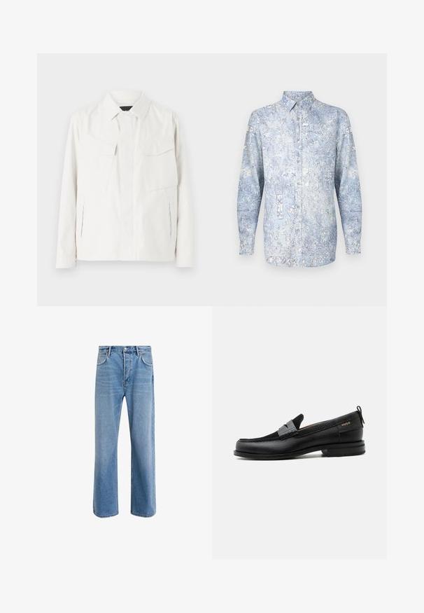 Camisa chaqueta ligera blanca con cuello, dos bolsillos frontales tipo parche, aberturas laterales y cierres de botones. Textura de tela suave.; Camisa azul claro con botones, con patrones florales, mangas largas y cuello clásico. Hecha de tela suave con una textura lisa.; Jeans de mezclilla azul claro con un diseño de pierna recta, cinco bolsillos, cierre de botón, ligeramente desgastados y detalles de costura en contraste.; Mocasín de cuero negro con detalle de tira gris, tacón bajo y suela texturizada, con la marca "HUGO" en oro en el lateral.
